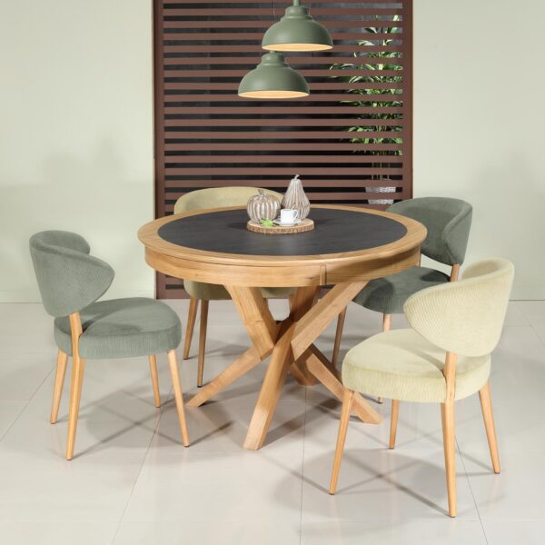 Table ronde Contemporaine Romain, diamètre 120 cm réalisée en chêne avec un pieds central et 1 allonge portefeuille de 50 cm Céramique BASALT BLACK