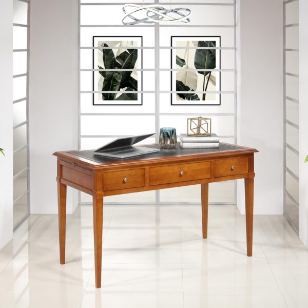 Bureau 3 tiroirs Agathe réalisé en Merisier de style Directoire Surface d'écriture recouverte d'une moleskine noir