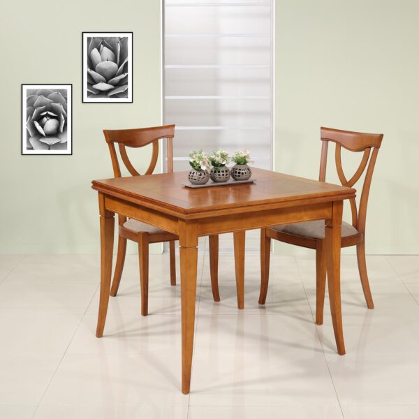 Table de salle à manger Carrée Clothilde 90x90 en merisier de style Louis Philippe Double Plateau