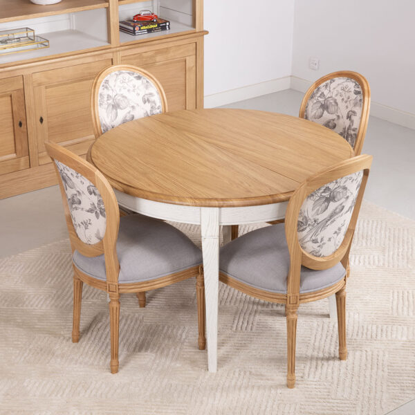 Table ronde 4 pieds Marc-Antoine réalisée en Chêne Massif de style Louis Philippe Diamètre 110 cm Finition Chêne naturel et Ivoire Patiné