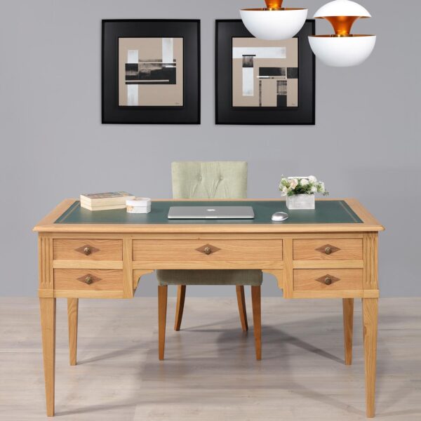 Bureau Ministre 5 tiroirs Jean-Christian, réalisé en Chêne de style Directoire Plateau recouvert d'une moleskine verte