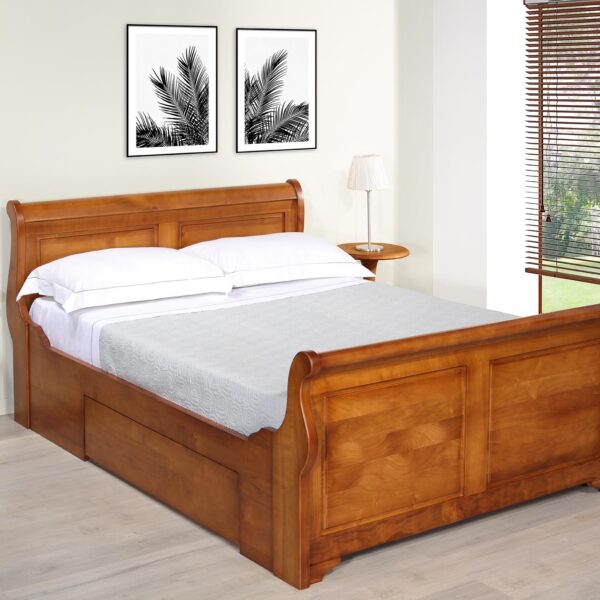 Lit Bateau 140x190 Jeanne réalisé en Merisier Massif de style Louis Philippe Campagnard Avec 1 tiroir de chaque côté