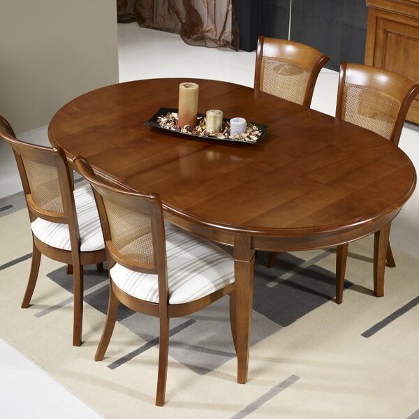 Table Ovale Estelle 180x120 réalisée en Merisier Massif de style Louis Philippe avec 5 ALLONGES DE 40 CM