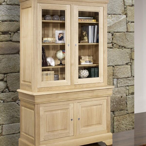 Bibliothèque 2 corps 2 portes Gabriel, réalisée en Chêne Massif de style Louis Philippe Finition Chêne Brossé