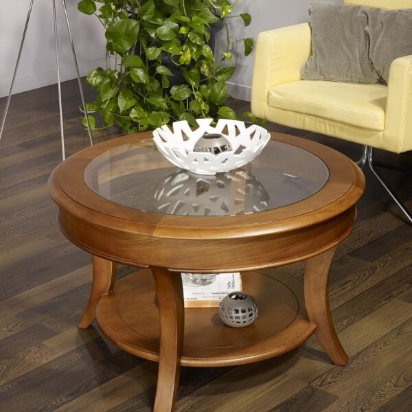 Table basse ronde Gaël réalisée en Chêne Massif de style Louis Philippe Plateau Verre Diamètre 70 cm Finition Cirée