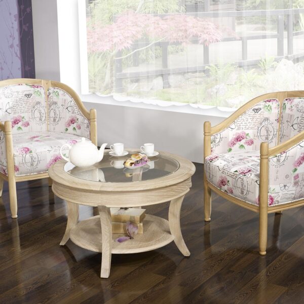 Table basse ronde Gaël réalisée en Chêne Massif de style Louis Philippe Plateau Verre Diamètre 80