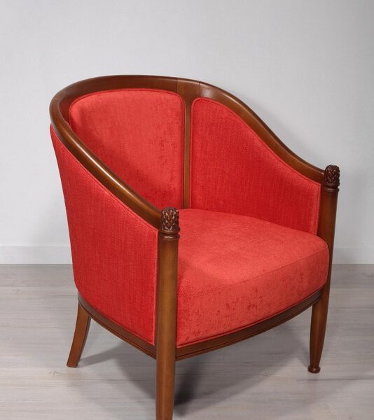 Fauteuil Cabriolet Caroline réalisé en Merisier Massif de style Louis Philippe Tissu Elastron Boston Red