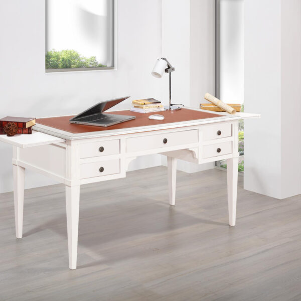 Bureau Ministre 5 tiroirs Xavier, réalisé en Chêne massif de style Directoire - Moleskine Camel