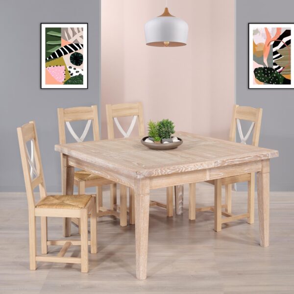Table de Campagne 120x120 réalisé en Chêne Massif 2 allonges de 40 cm Finition Chêne Brossé Naturel