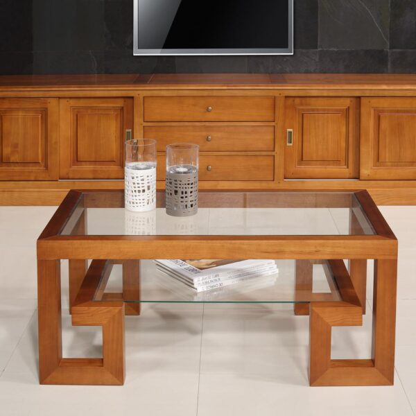 Table basse rectangulaire Alice de ligne Contemporaine, réalisée en merisier massif et verre 105x60