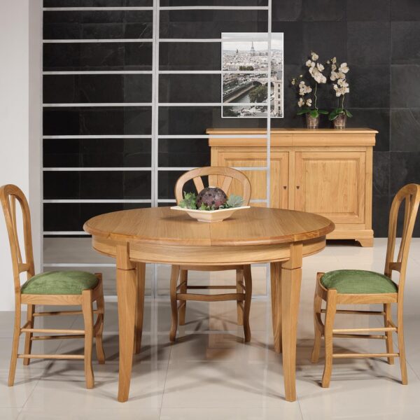 Table ronde 4 pieds Marc-Antoine réalisée en Chêne Massif de style Louis Philippe Diamètre 110 cm