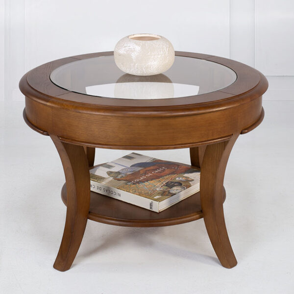 Table basse ronde Gaël réalisée en Chêne Massif de style Louis Philippe Plateau Verre Diamètre 70 cm SEULEMENT 1 DISPONIBLE